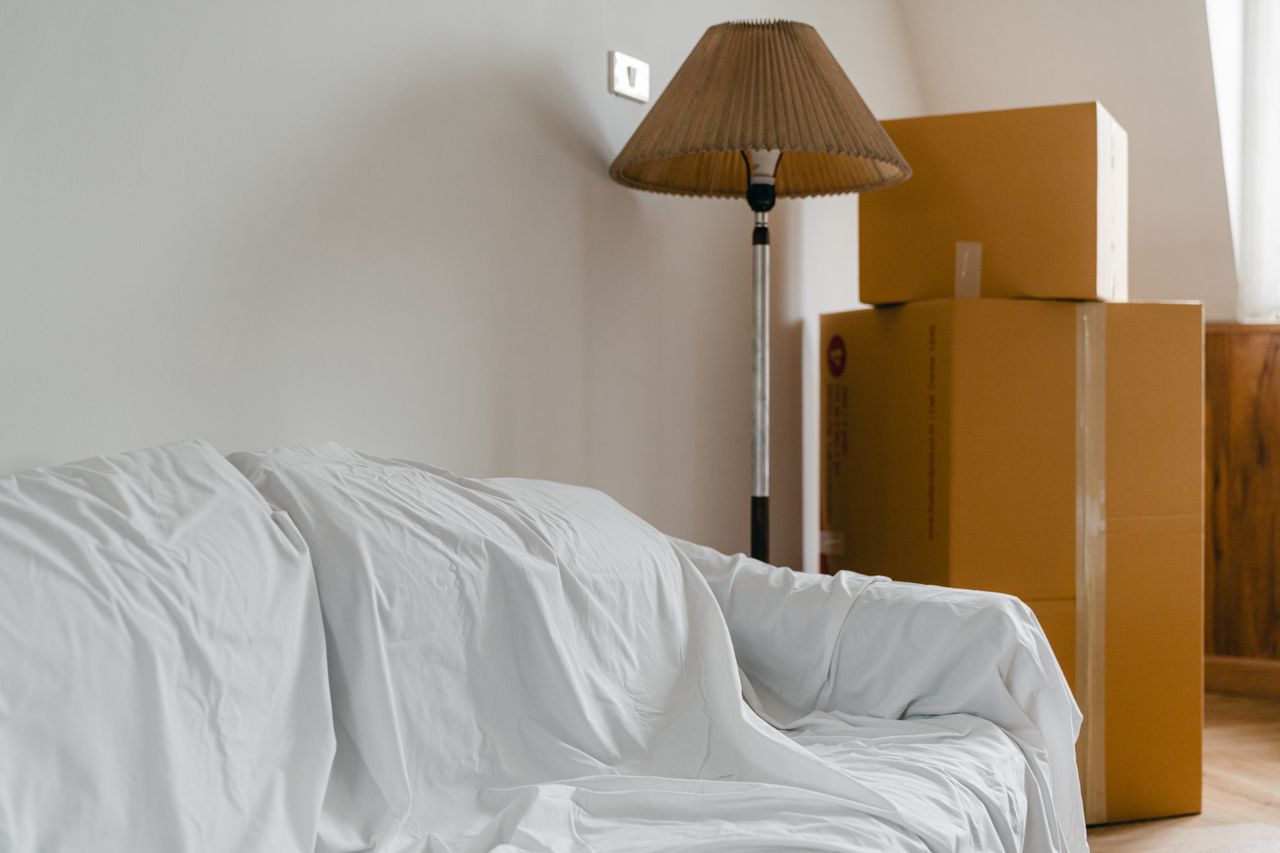 creative Covered with sheet sofa and floor lamp and packed cardboard boxes in light spacious room of new contemporary house
